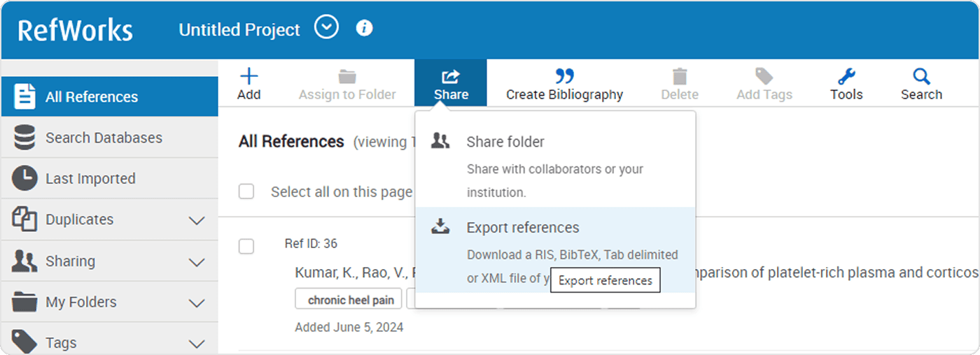 RefWorks Export references dialog with RIS Format selected